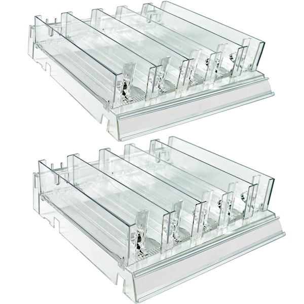 Adjustable Tall Divider Bin Cosmetic Tray w Pushers - Customize Slot Size to Product, Clear, 2-Pack